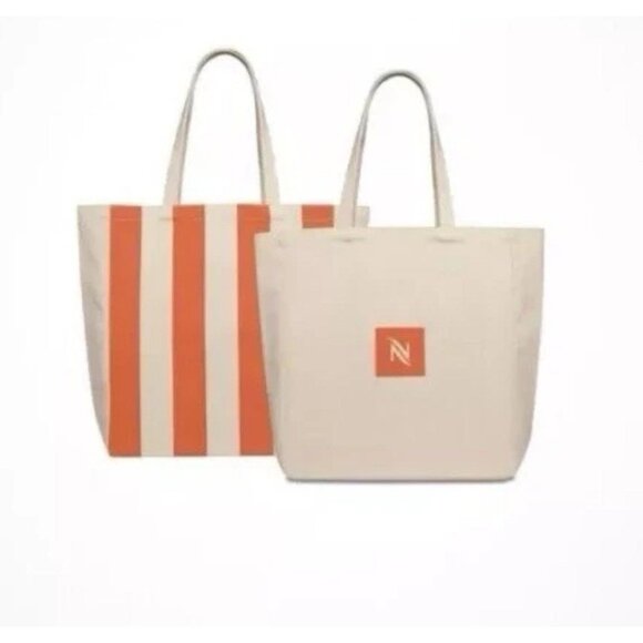 NEW NESPRESSO Tote Bag Mandarin Orange & Cream Striped with Logo 100% Cotton. - Picture 1 of 11